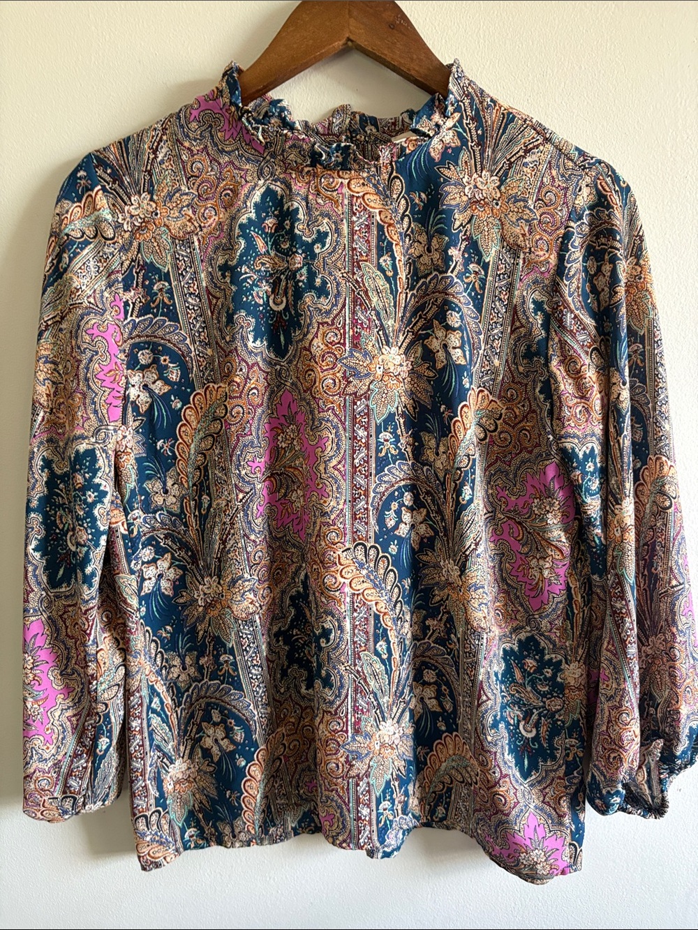 LOFT Outlet Paisley Ruffle Neck Blouse Small Teal Pink Long Sleeve